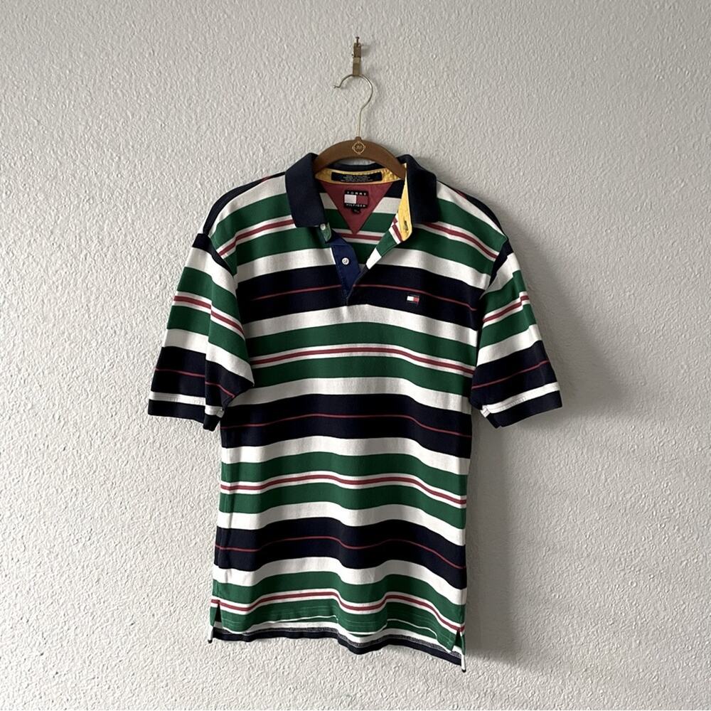 Vintage Tommy Hilfiger Striped Polo Shirt Green & Navy Boys XL